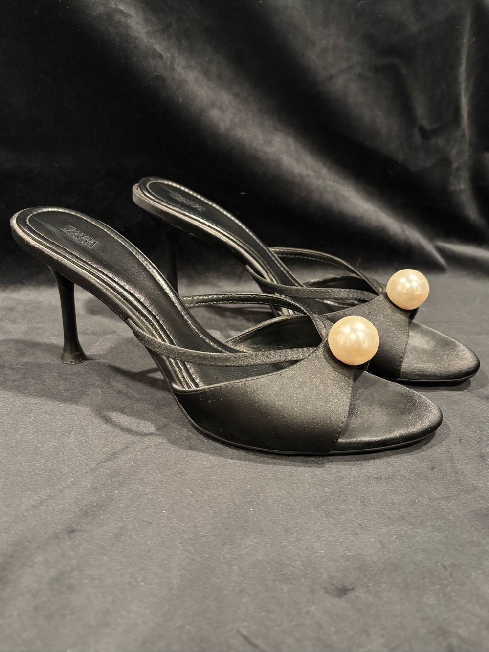 Zara Black Satin Pearl-Accent Women’s Heeled Mules